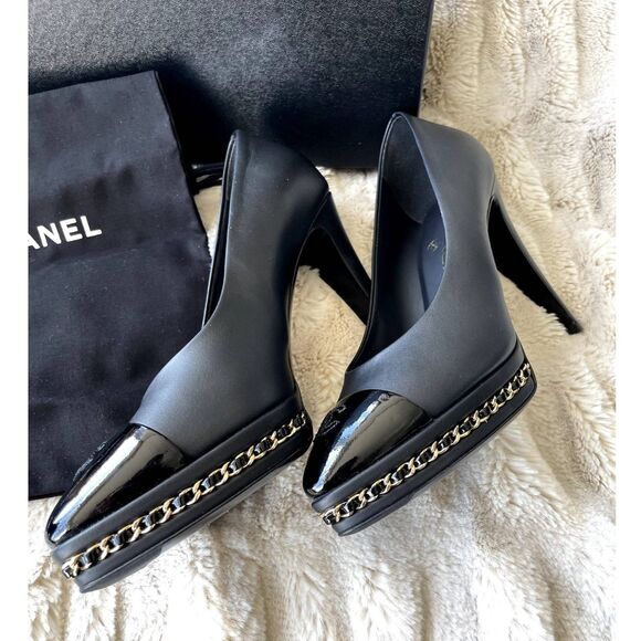 Black Chanel Leather Platform Pumps 38.5 / US 8.5 - Picture 6 of 11